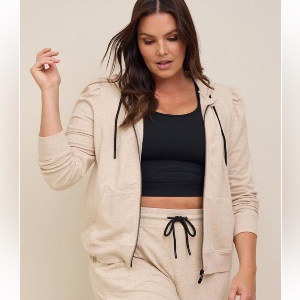 torrid Beige Zip Hoodie with Black Drawstring Details